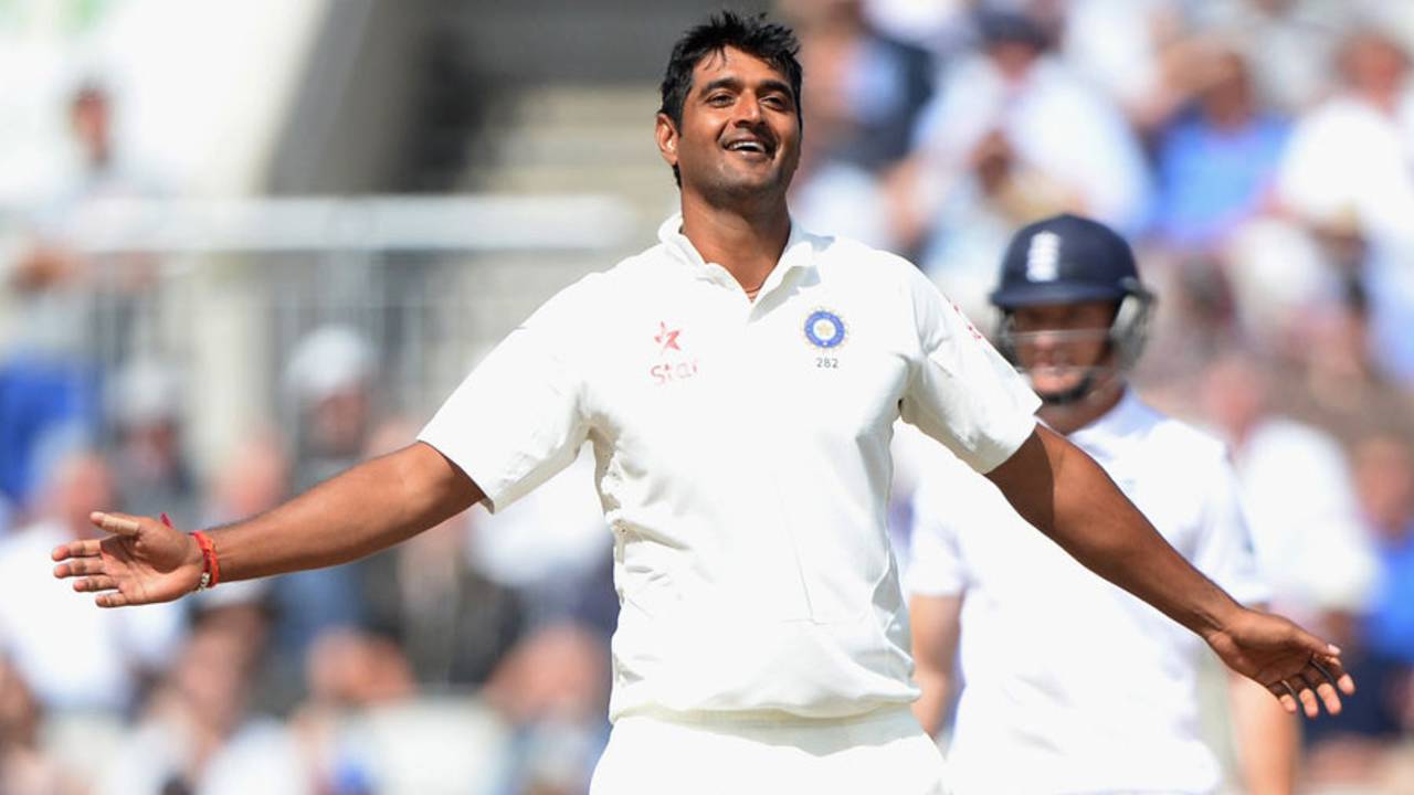 At long last... Pankaj Singh is relieved after his maiden Test wicket, England v India, 4th Test, Old Trafford, 3rd day, August 9, 2014
