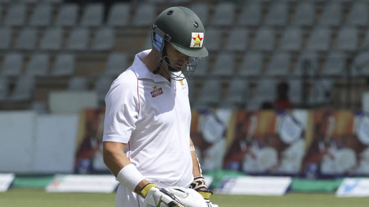 Mark Vermeulen walks back for 21, Zimbabwe v South Africa, only Test, Harare, 4th day, August 12, 2014