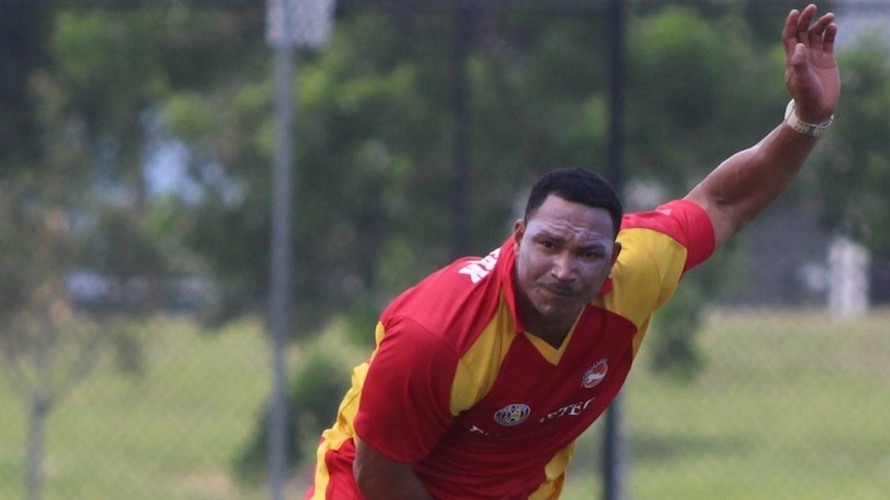 Adam Sanford completes his bowling action, North East Region v New York Region, USACA T20 National Championship, Lauderhill, August 14, 2014