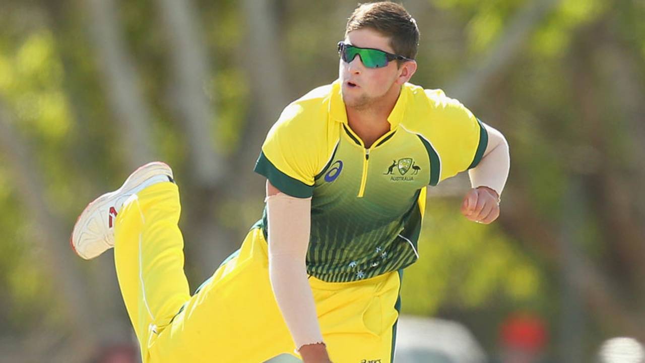 James Muirhead in his follow-through, Australia A v National Performance Squad, A-team quadrangular series, Darwin, July 22, 2014