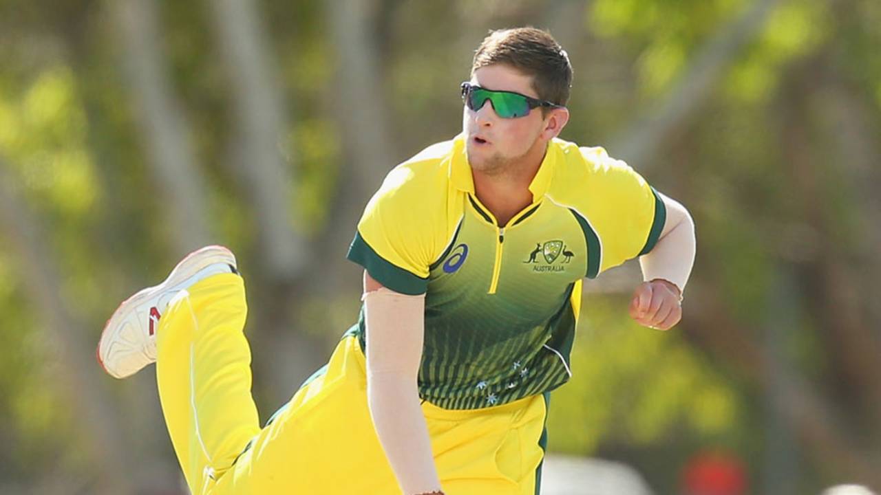 James Muirhead in his follow-through, Australia A v National Performance Squad, A-team quadrangular series, Darwin, July 22, 2014