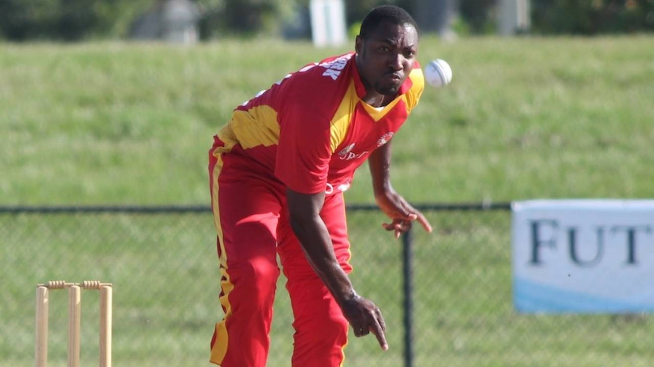 George Adams sends in a delivery, New York v South West, USACA T20 National Championship, Lauderhill, August 16, 2014