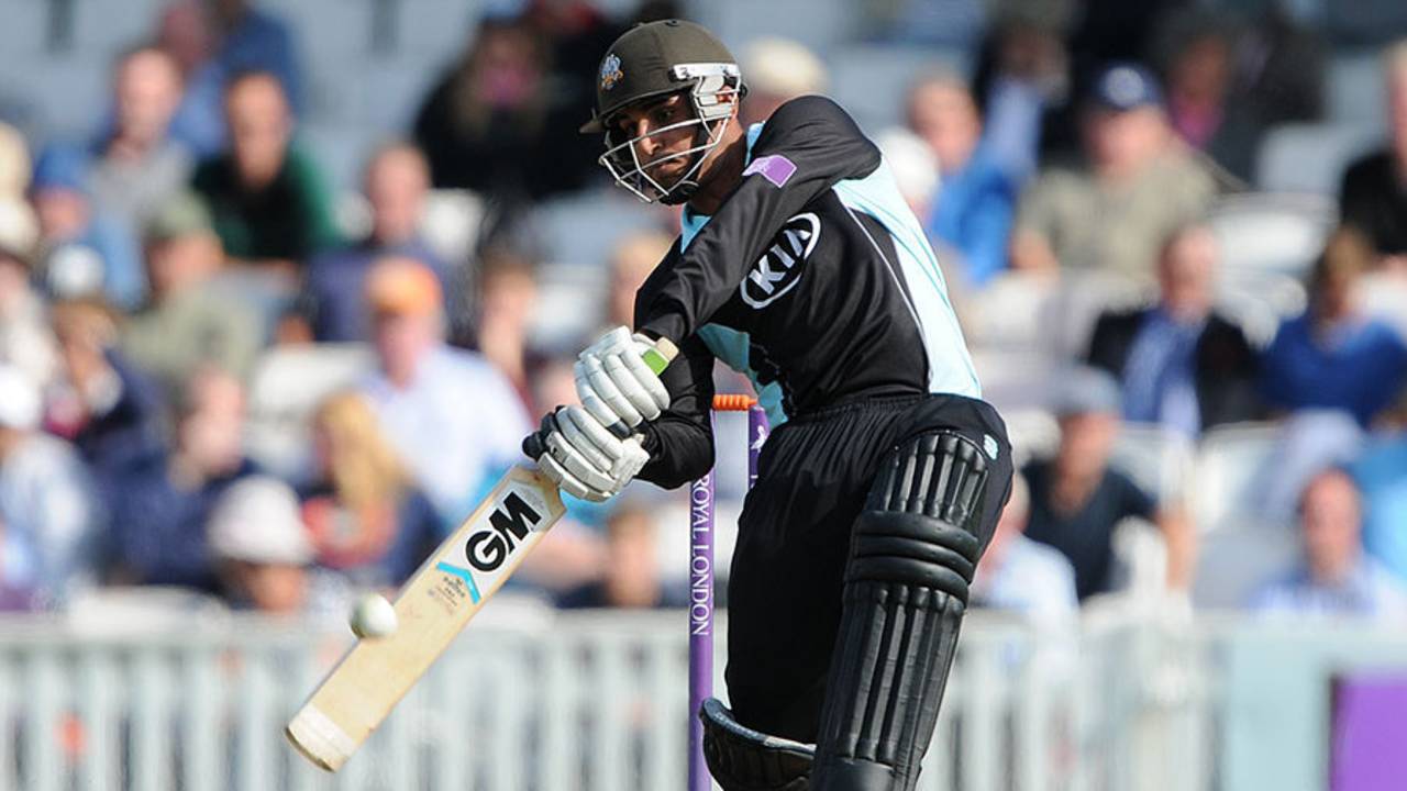 Aneesh Kapil swings down the ground on his way to a half-century, Surrey v Somerset, Royal London Cup, The Oval, August 20, 2014