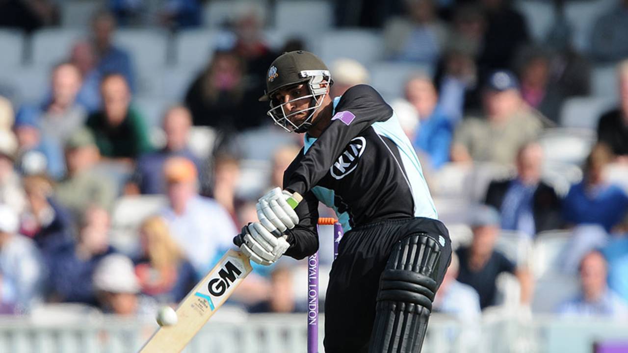 Aneesh Kapil swings down the ground on his way to a half-century, Surrey v Somerset, Royal London Cup, The Oval, August 20, 2014