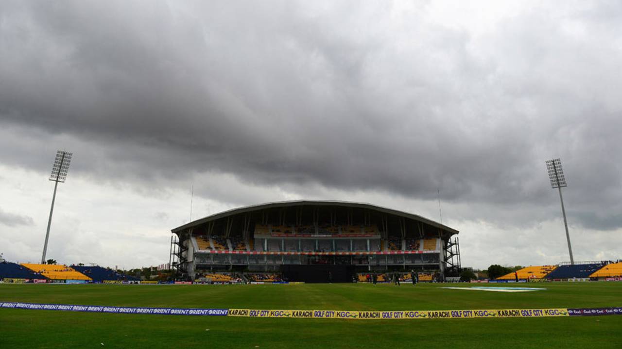 Dark clouds surround the Mahinda Rajapaksa International Cricket Stadium, Sri Lanka v Pakistan, 1st ODI, Hambantota, August 23, 2014
