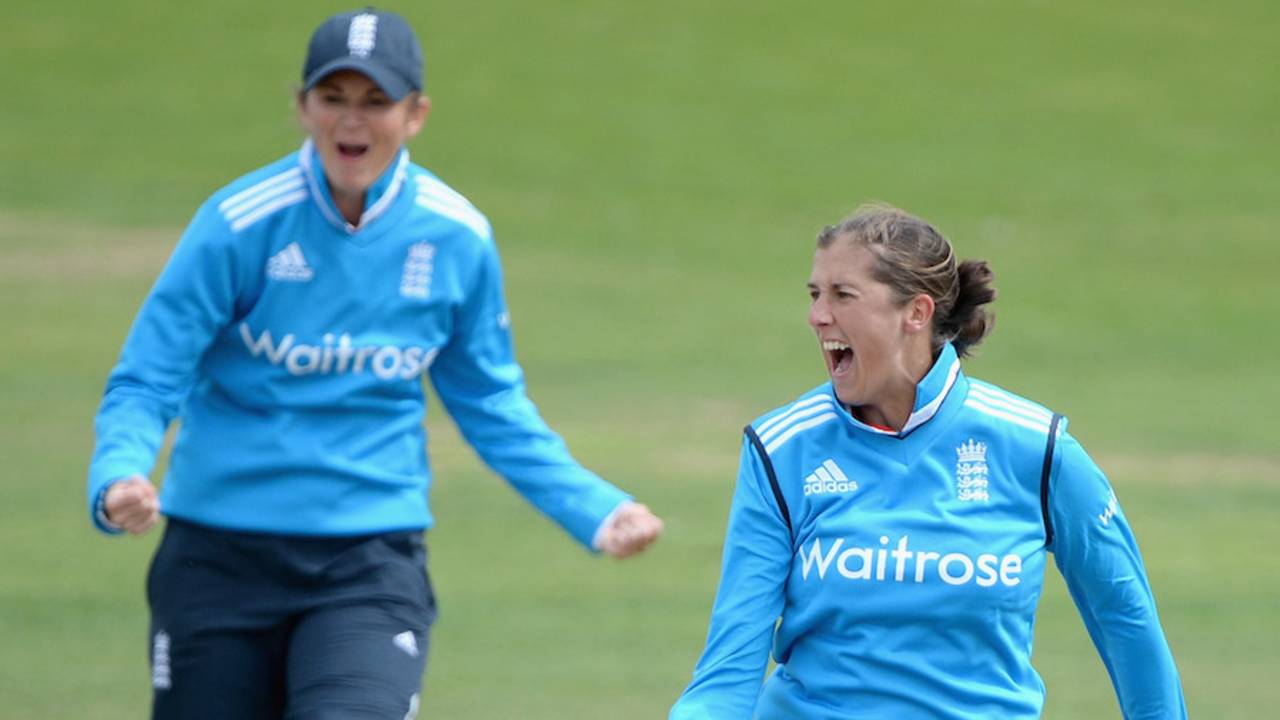 Jenny Gunn is pumped after taking a wicket, England v India, 1st women's ODI, Scarborough, August 21, 2014