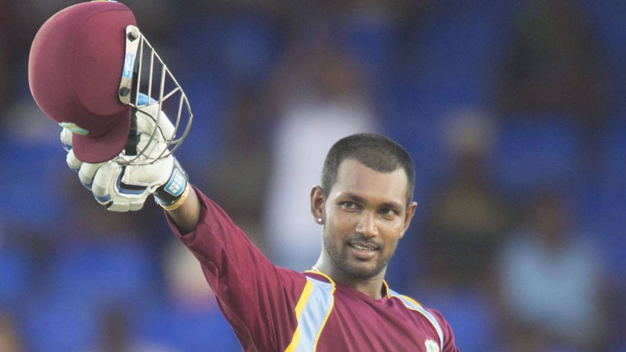 Denesh Ramdin celebrates a second century in four innings, West Indies v Bangladesh, 3rd ODI, Basseterre, St Kitts, August 26, 2014