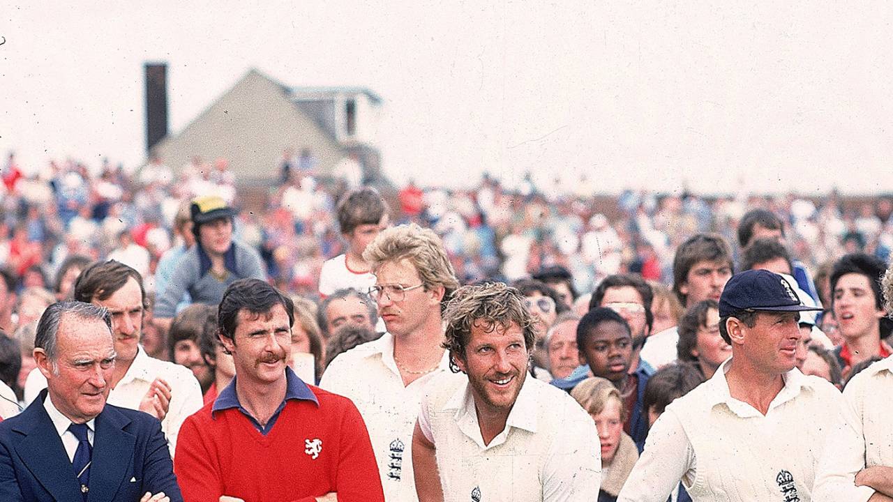Graham Yallop (red sweater), Ian Botham and Geoff Boycott at the presentation, England v Australia, day five, fifth Test, August 17, 1981
