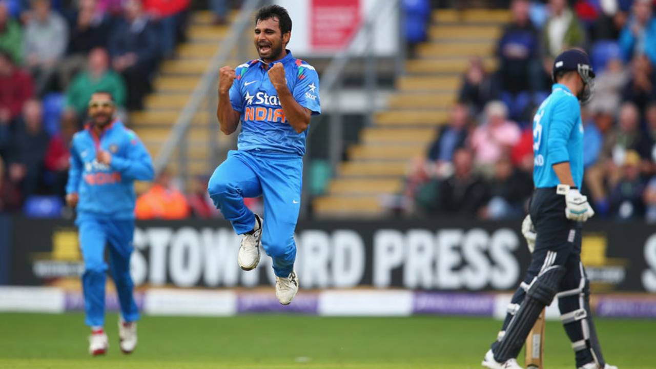 Mohammed Shami leaps in joy after bowling Ian Bell out, England v India, 2nd ODI, Cardiff, August 27, 2014
