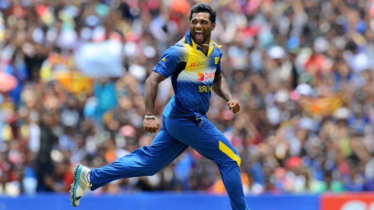 Seekkuge Prasanna wheels away in celebration, Sri Lanka v Pakistan, 3rd ODI, Dambulla, August 30, 2014