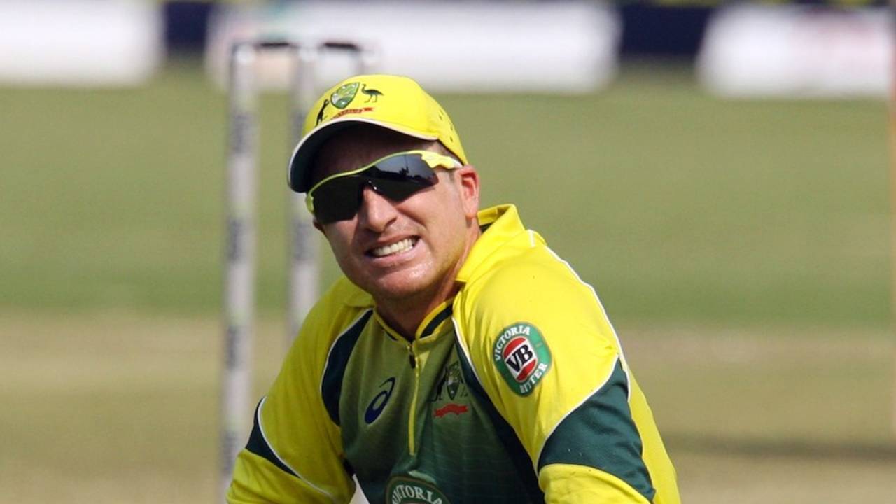 Brad Haddin on his haunches, Zimbabwe v Australia, tri-series, Harare, August 31, 2014