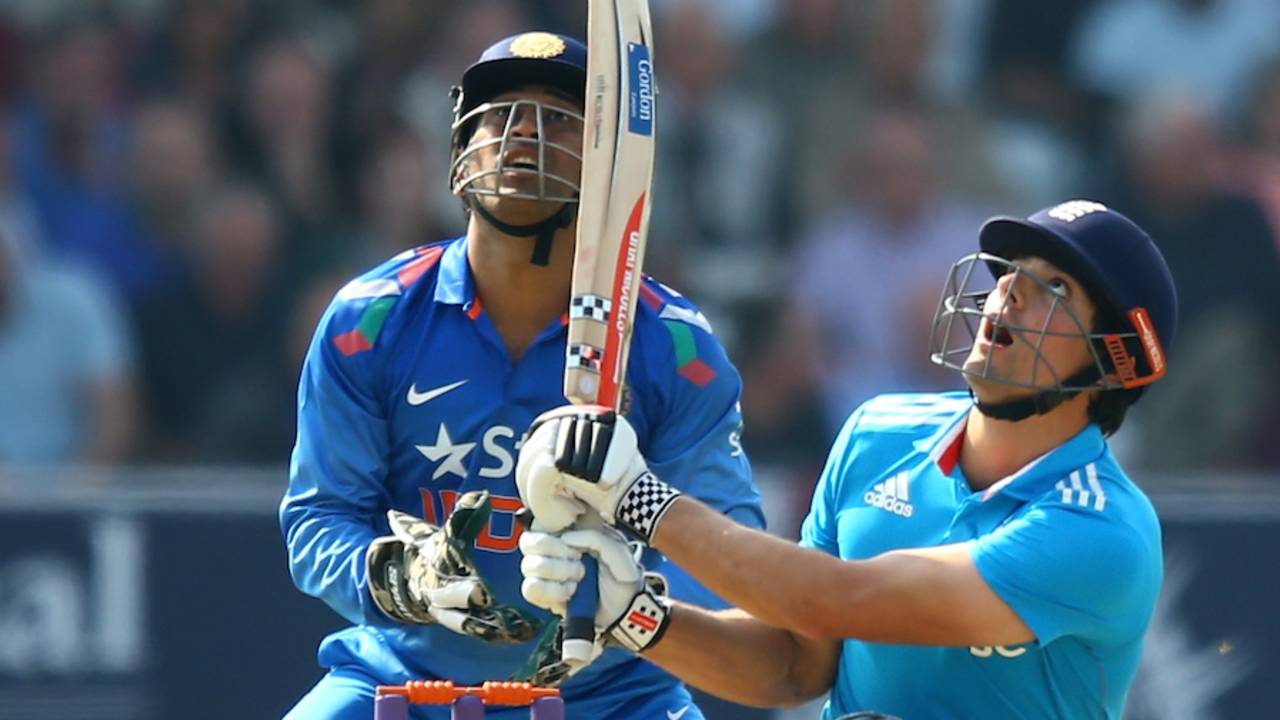 Alastair Cook and MS Dhoni look up as the ball takes the top edge, England v India, 5th ODI, Headingley, September 5, 2014