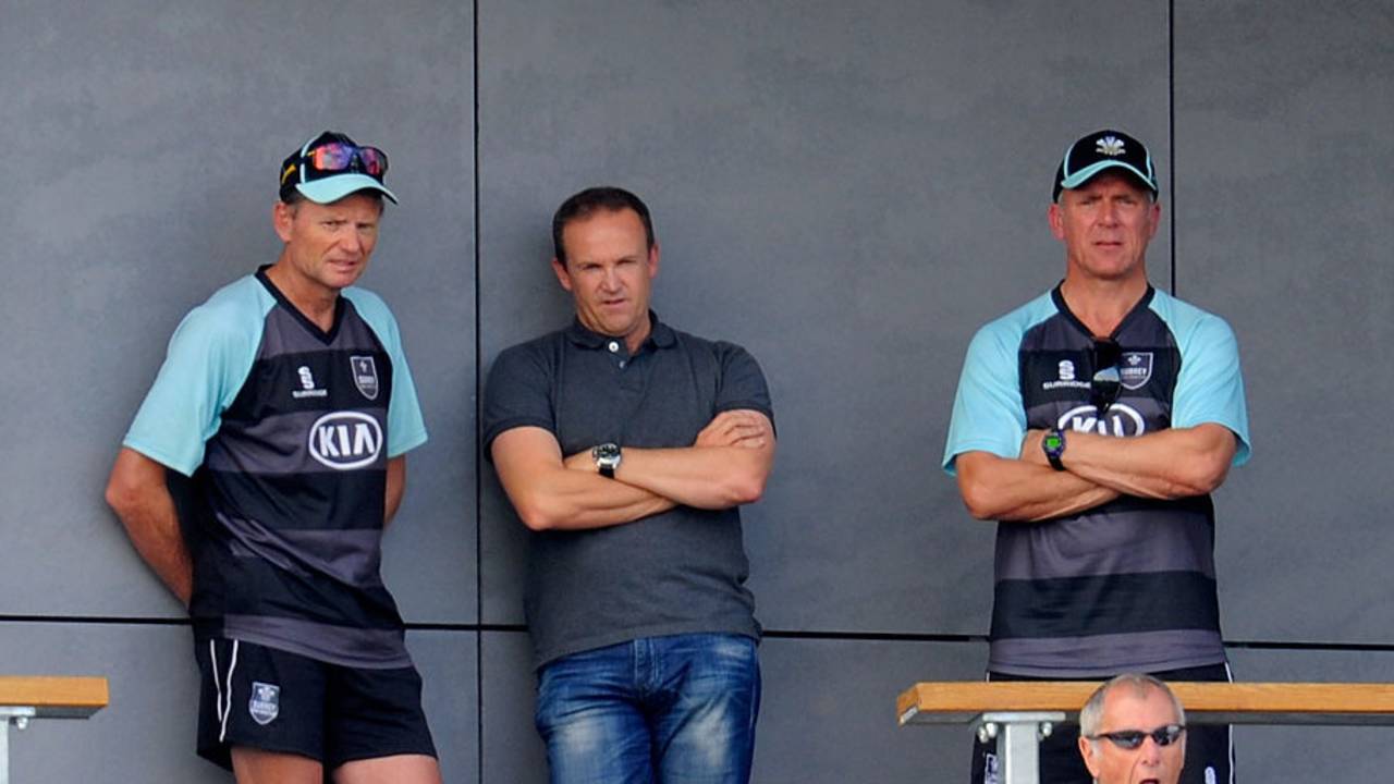 Andy Flower (centre) chats with Graham Ford and Alec Stewart, Worcestershire v Surrey, County Championship, Division Two, New Road, September 10, 2014