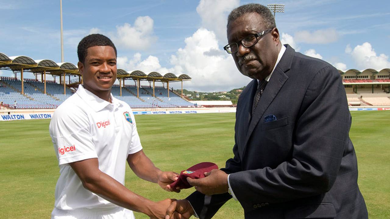Leon Johnson receives his West Indies Test cap from Clive Lloyd, West Indies v Bangladesh, 2nd Test, St. Lucia, 1st day, September 13, 2014