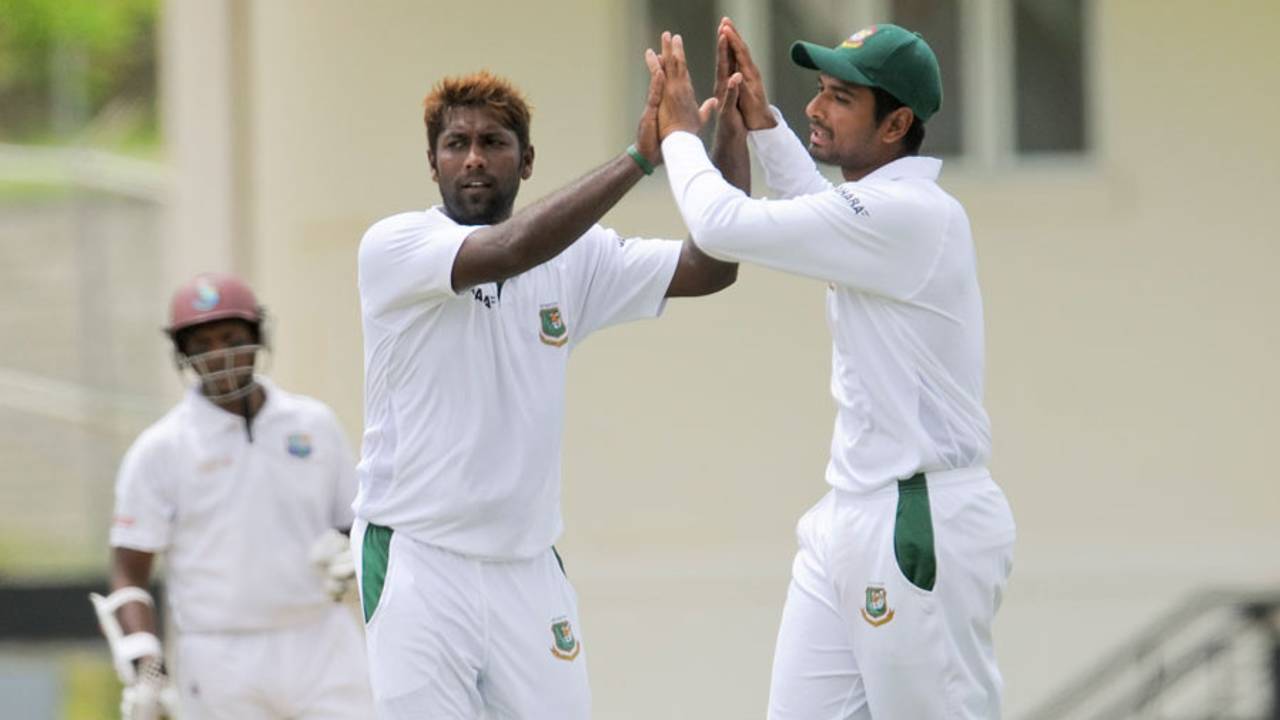 Robiul Islam celebrates snaring one with a team-mate, West Indies v Bangladesh, 2nd Test, St. Lucia, 2nd day, September 14, 2014