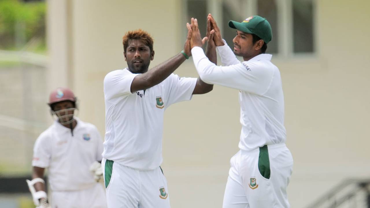 Robiul Islam celebrates snaring one with a team-mate, West Indies v Bangladesh, 2nd Test, St. Lucia, 2nd day, September 14, 2014