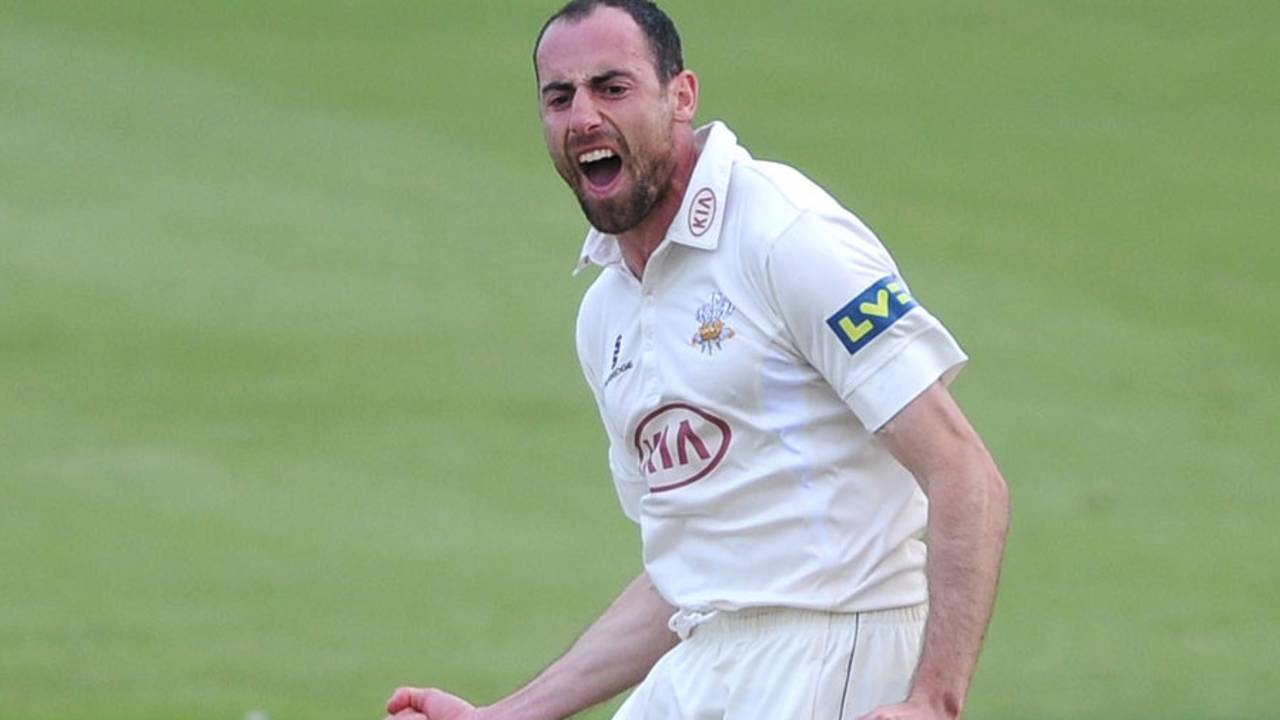 Tim Linley celebrates a wicket in exuberant fashion, Surrey v Derbyshire, County Championship, Division Two, The Oval, 1st day, September 15, 2014