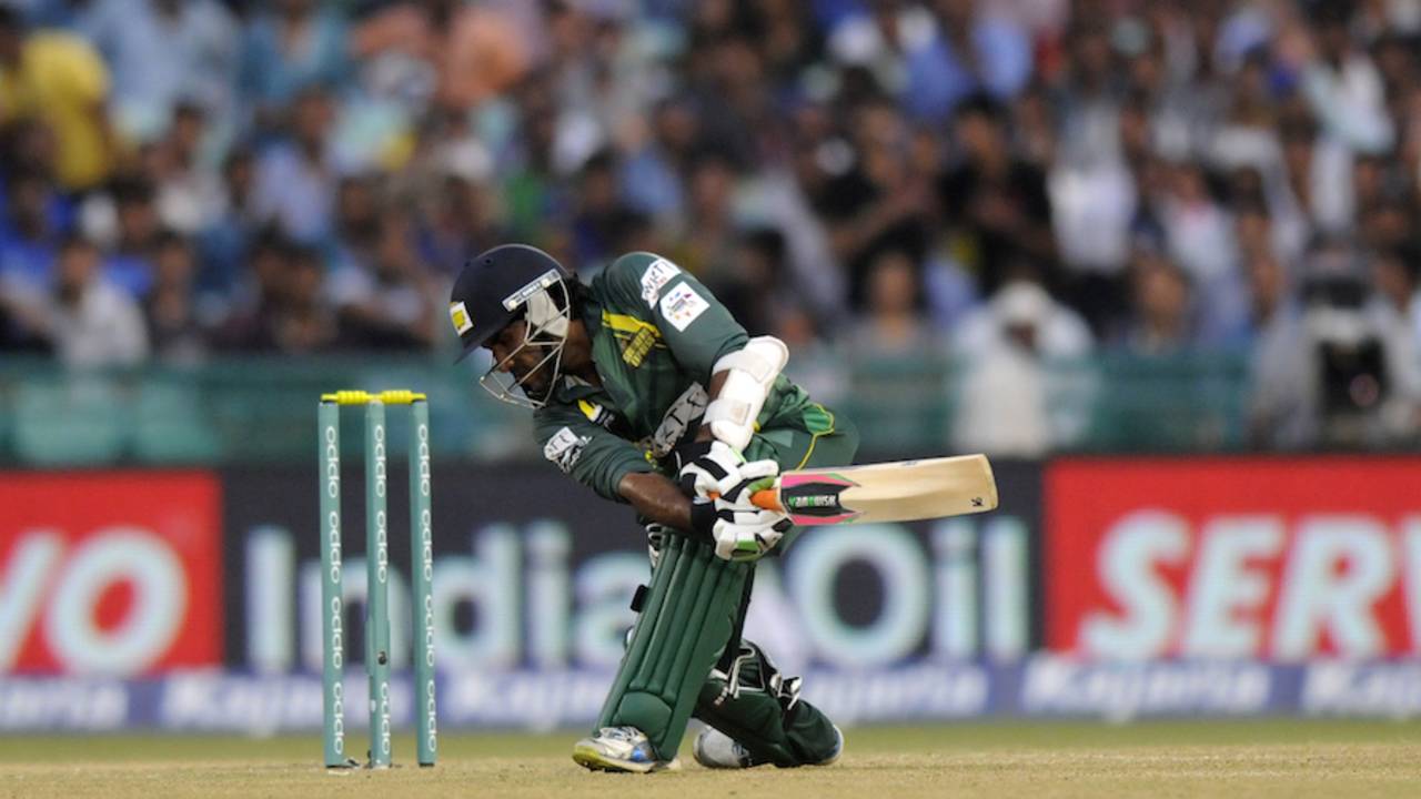 Tillakaratne Sampath plays a shot that runs in the family, Southern Express v Lahore Lions, CLT20 qualifier, Raipur, September 16, 2014