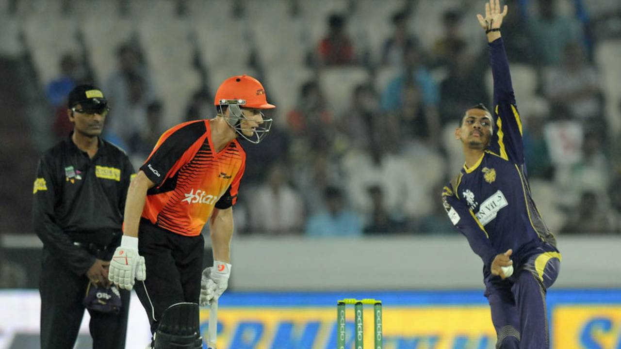 Sunil Narine in his delivery stride, Kolkata Knight Riders v Perth Scorchers, CLT20, Group A, Hyderabad, September 24, 2014