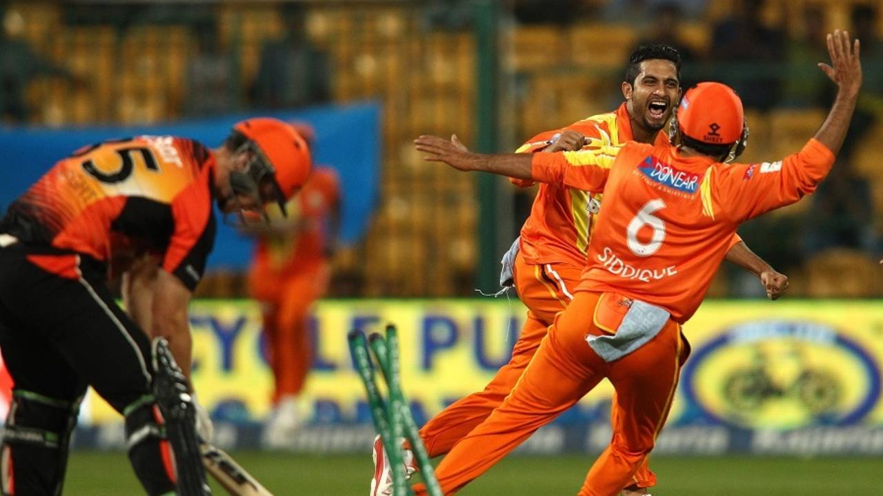 Mustafa Iqbal is thrilled after getting Hilton Cartwright stumped, Lahore Lions v Perth Scorchers, Champions League T20, Group A, Bangalore, September 30, 2014