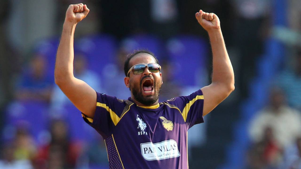 Yusuf Pathan exults after trapping Aiden Blizzard lbw, Kolkata Knight Riders v Hobart Hurricanes, 1st semi-final, CLT20, Hyderabad, October 2, 2014