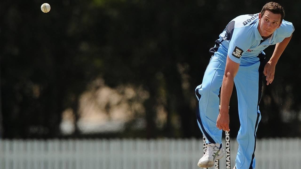 Josh Hazlewood bowls on his way to a seven-wicket haul, New South Wales v South Australia, Matador BBQs Cup, Brisbane, October 4, 2014