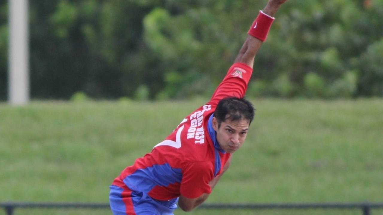 Usman Shuja sends one down to a North East batsman, Central West v North East, USACA T20 National Championship, Lauderhill, August 16, 2014