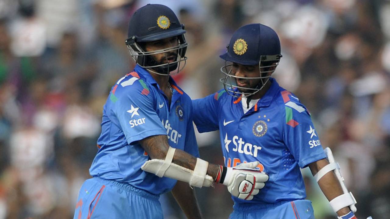 Shikhar Dhawan and Ajinkya Rahane both raised hundreds during a 231-run opening stand, India v Sri Lanka, 1st ODI, Cuttack, November 2, 2014