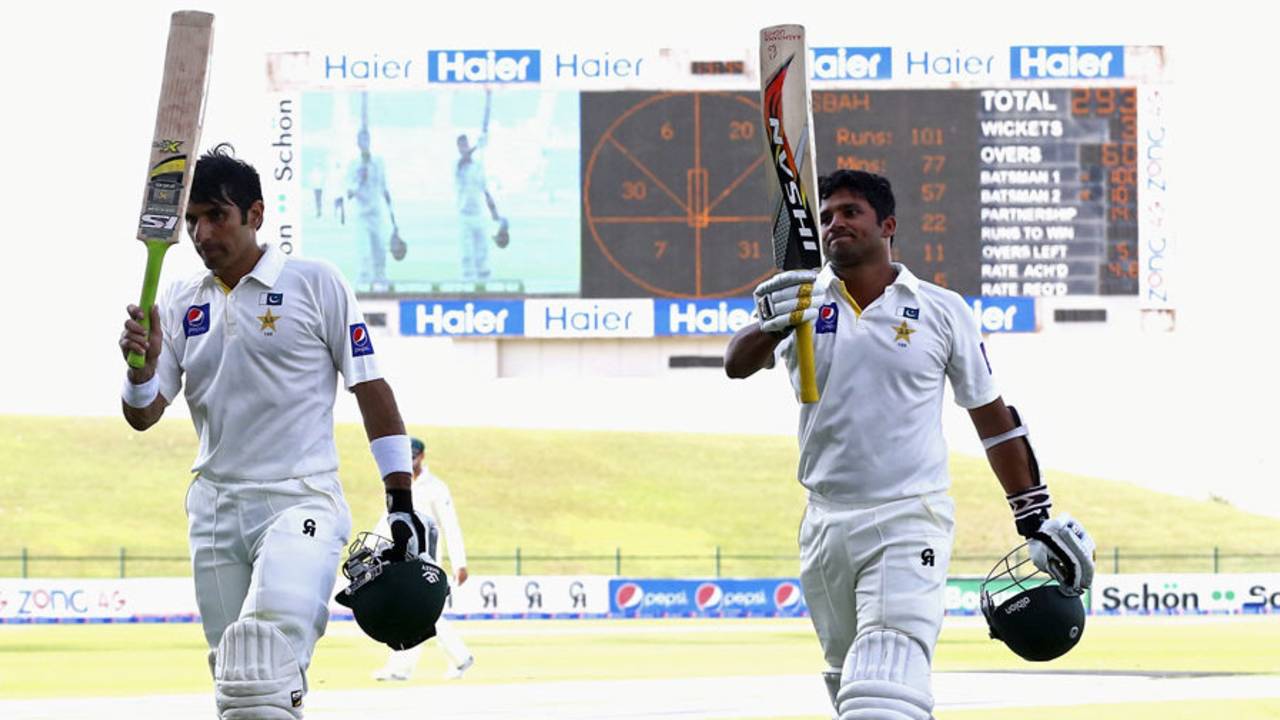 Misbah-ul-Haq and Azhar Ali walk off after scoring tons, Pakistan v Australia, 2nd Test, Abu Dhabi, 4th day, November 2, 2014