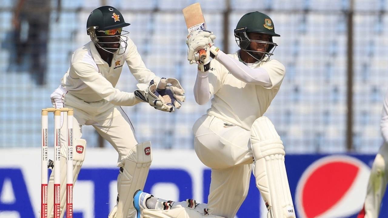 Shakib Al Hasan goes down on a knee during his fifty, Bangladesh v Zimbabwe, 3rd Test, 2nd day, Chittagong, November 13, 2014