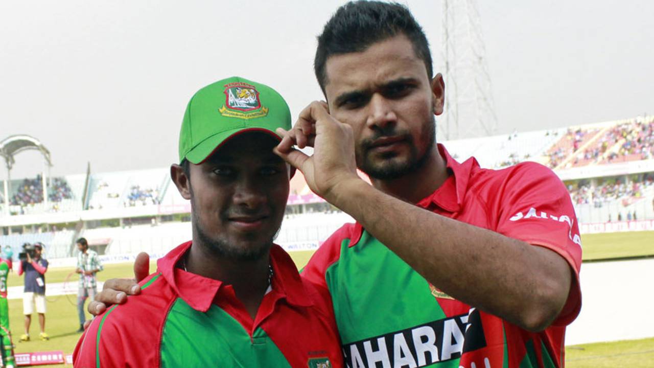 Sabbir Rahman, who made his ODI debut, with Mashrafe Mortaza, Bangladesh v Zimbabwe, 1st ODI, Chittagong, November 21, 2014