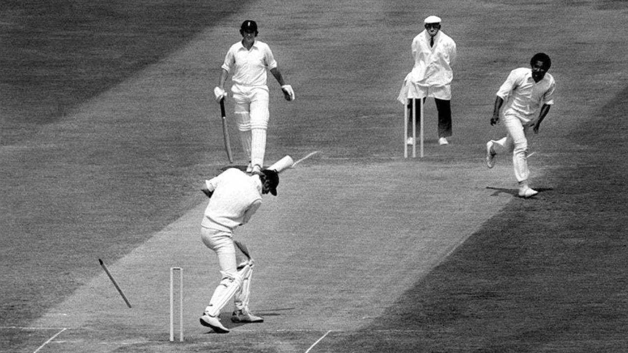 Tony Greig's stump flies out as he's bowled for a duck by Andy Roberts, England v West Indies, 1st Test, Trent Bridge, 4th day, June 7, 1976