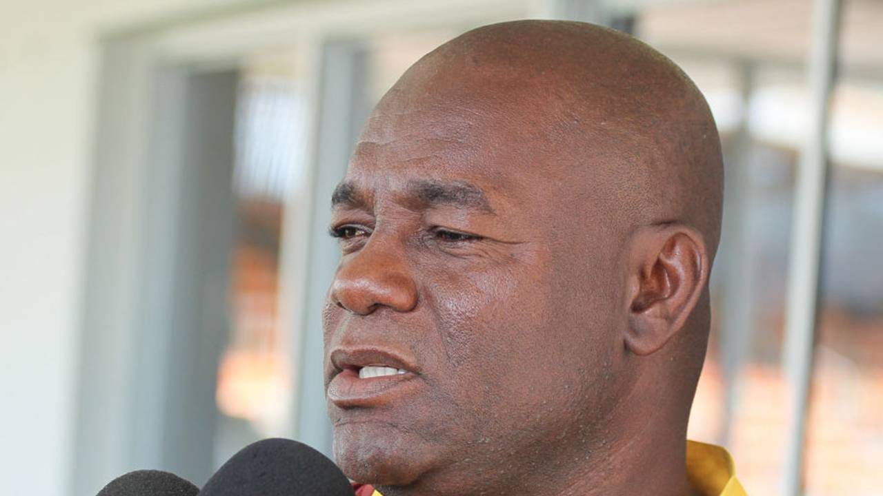 Leeward Islands coach Ridley Jacobs talks to the media, Jamaica v Leeward Islands, 4th day, WI Professional League, Kingston, December 8, 2014