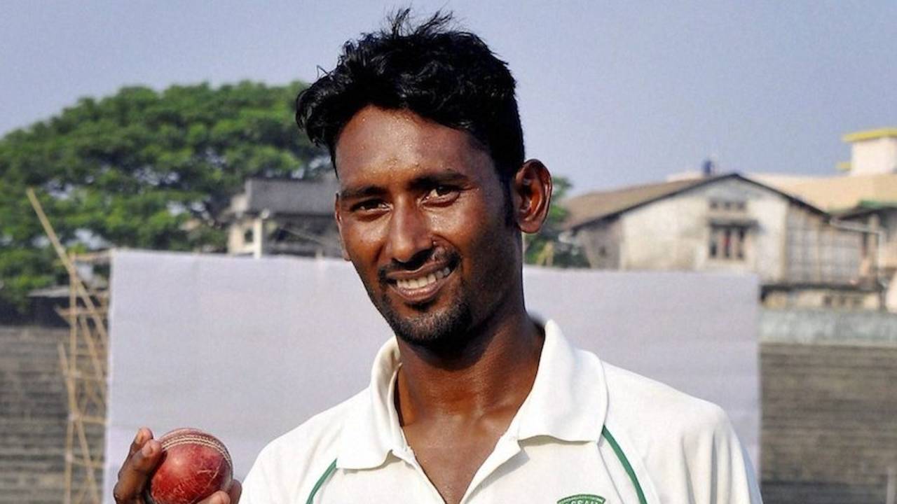 Krishna Das is all smiles after taking seven wickets, Assam v Tripura, Ranji Trophy, Group C, Guwahati, 3rd day, December 9, 2014