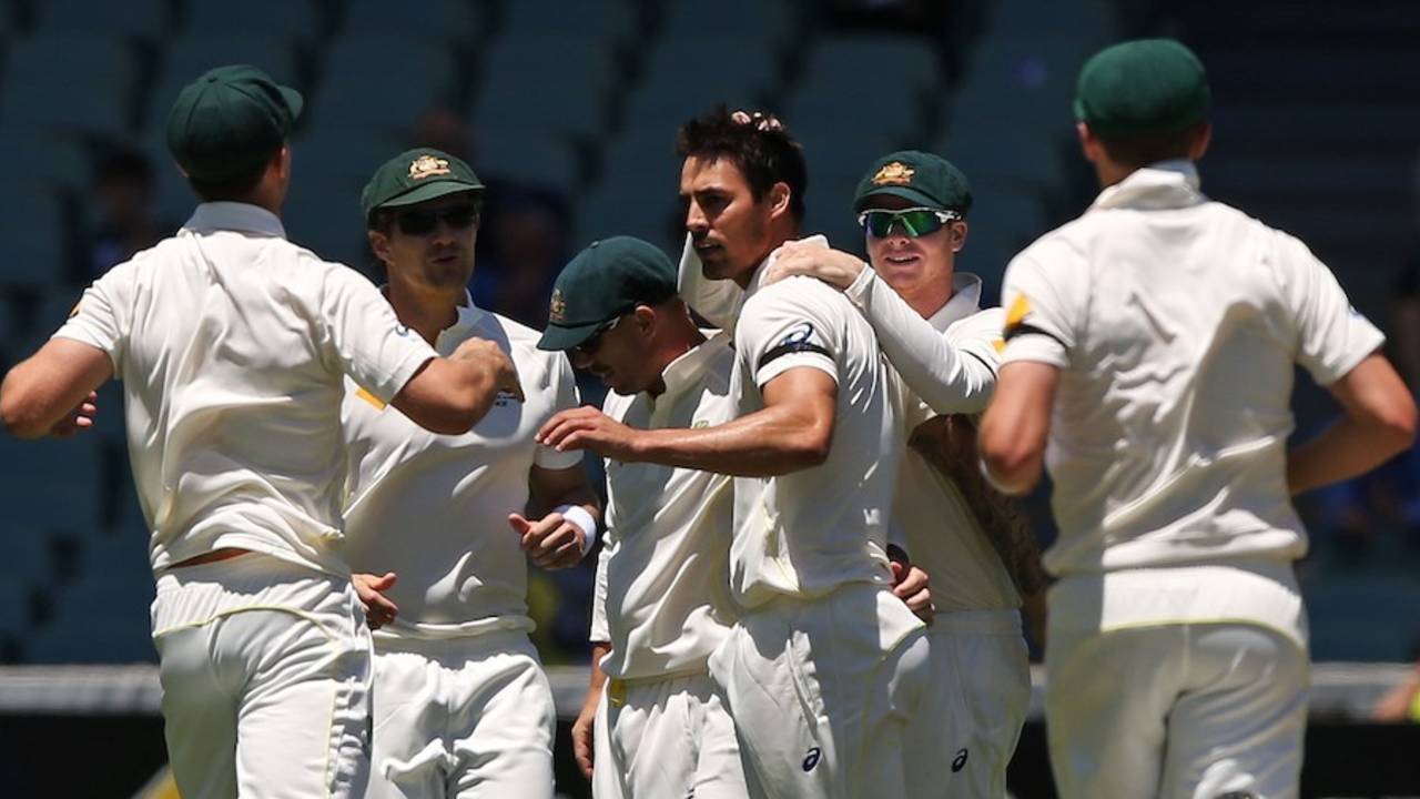 Australia celebrate Mitchell Johnson's dismissal of M Vijay, Australia v India, 1st Test, Adelaide, 3rd day, December 11, 2014