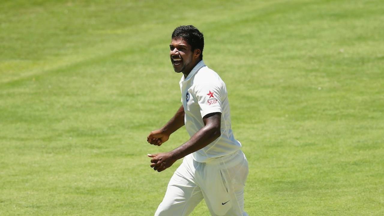Varun Aaron celebrates Brad Haddin's wicket, Australia v India, 2nd Test, Brisbane, 3rd day, December 19, 2014