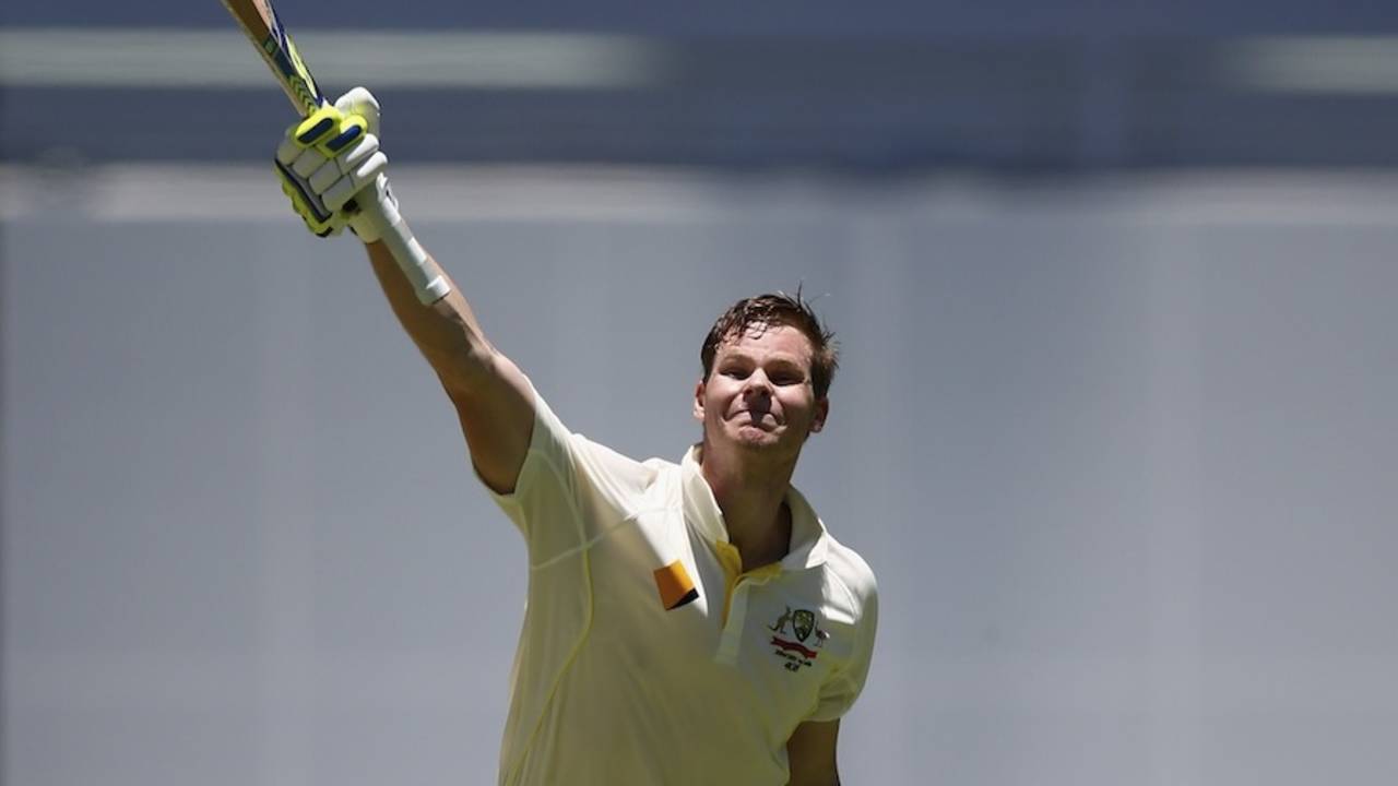 Steven Smith celebrates a crucial hundred, Australia v India, 2nd Test, Brisbane, 3rd day, December 19, 2014