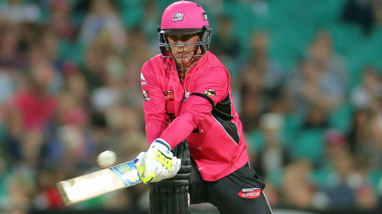 Nic Maddinson reverse-sweeps the ball for a six, Sydney Sixers v Melbourne Renegades, Big Bash League 2014-15, Sydney, December 19, 2014 