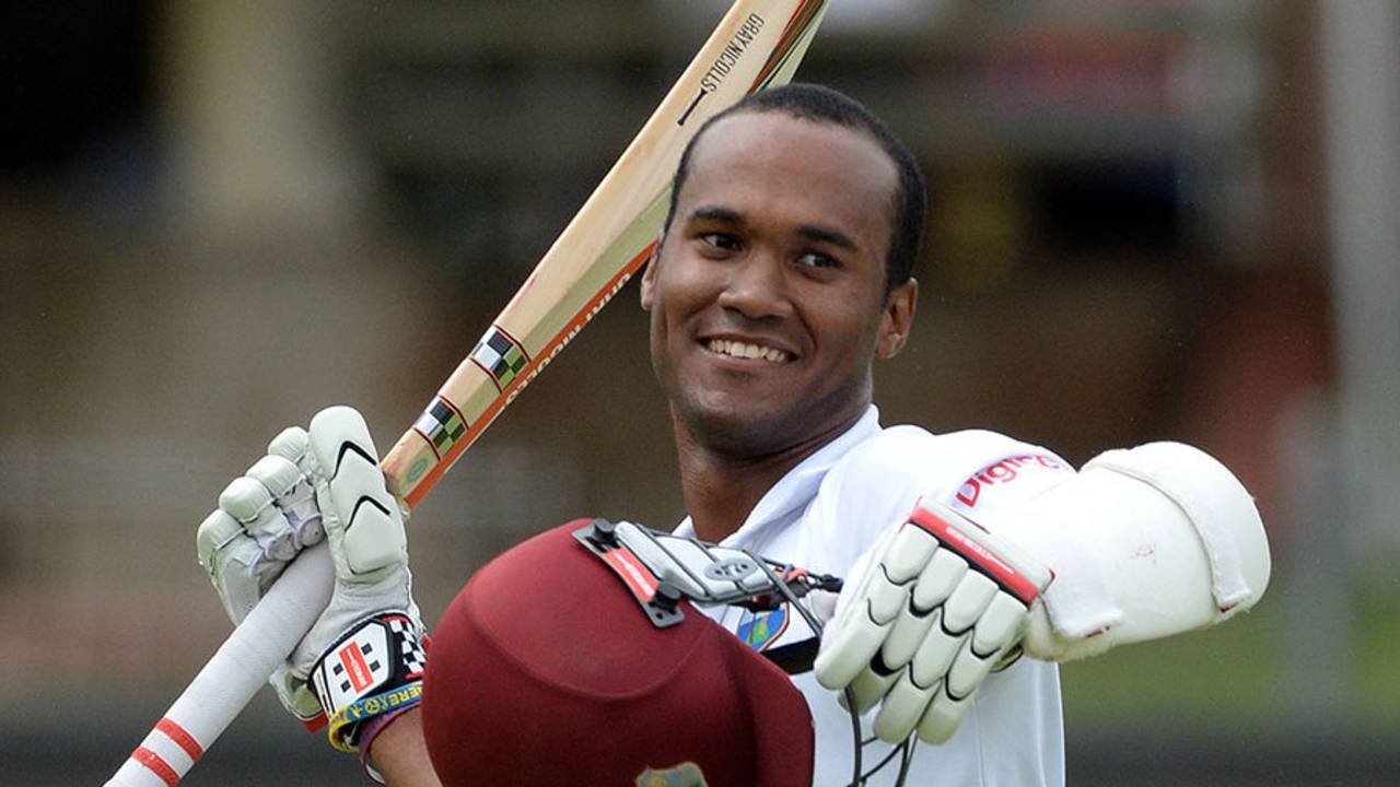 Kraigg Brathwaite is delighted after completing his third Test century, South Africa v West Indies, 2nd Test, Port Elizabeth, 4th day, December 29, 2014