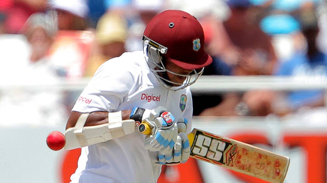 Leon Johnson ducks into a short ball, South Africa v West Indies, 3rd Test, Cape Town, 1st day, January 2, 2015