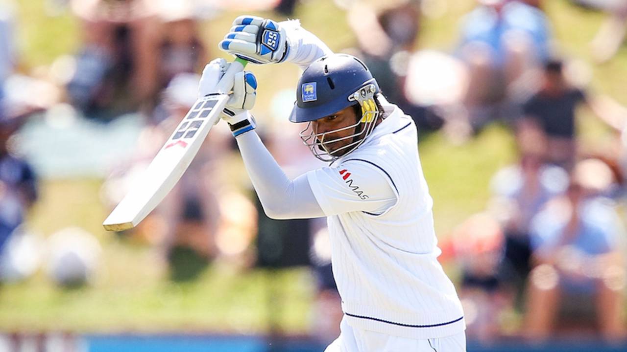 Kumar Sangakkara defends to the off side, New Zealand v Sri Lanka, 2nd Test, Wellington, 2nd day, January 4, 2015