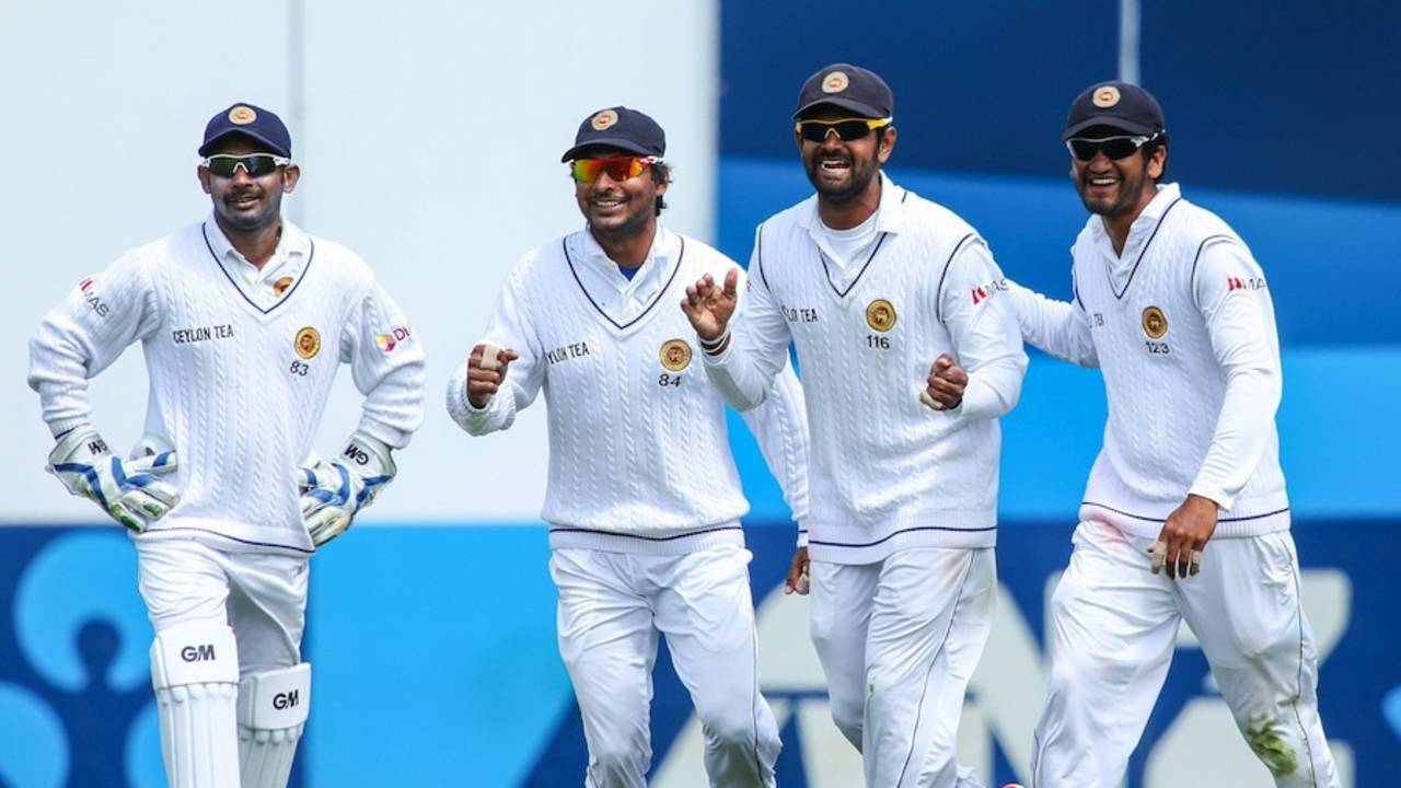 The Sri Lankans celebrate a wicket, New Zealand v Sri Lanka, 2nd Test, Wellington, 3rd day, January 5, 2015