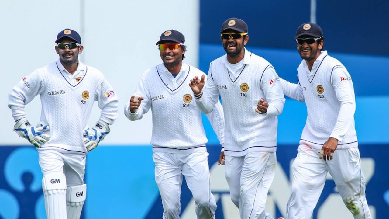 The Sri Lankans celebrate a wicket, New Zealand v Sri Lanka, 2nd Test, Wellington, 3rd day, January 5, 2015