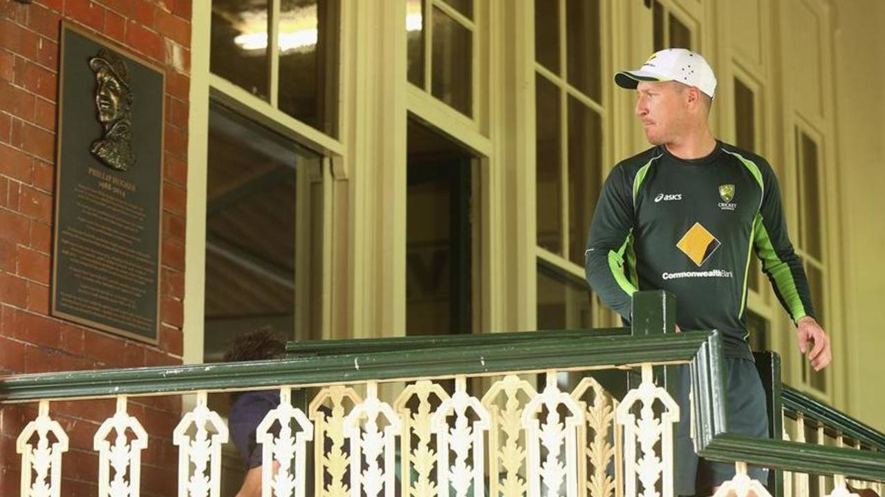 Brad Haddin looks at a memorial plaque for Phillip Hughes that has been installed at the SCG, Sydney, January 5, 2015