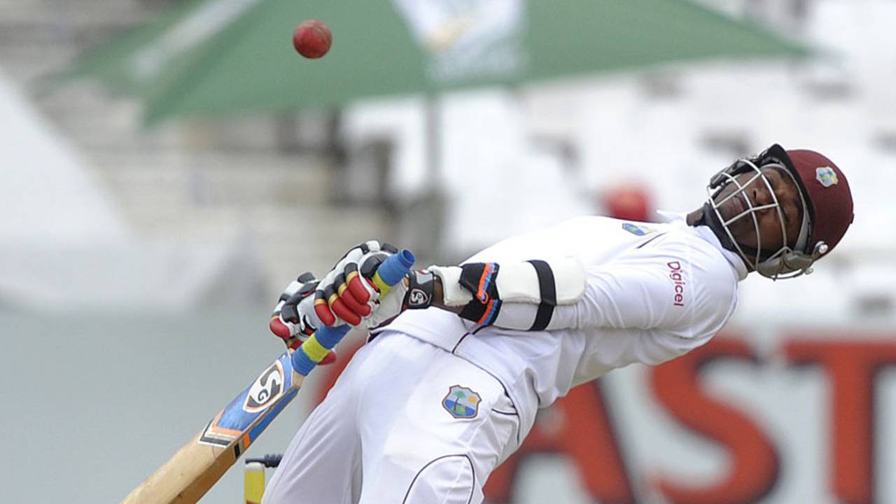 Marlon Samuels sways after from a bouncer, South Africa v West Indies, 3rd Test, Cape Town, 4th day, January 5, 2014