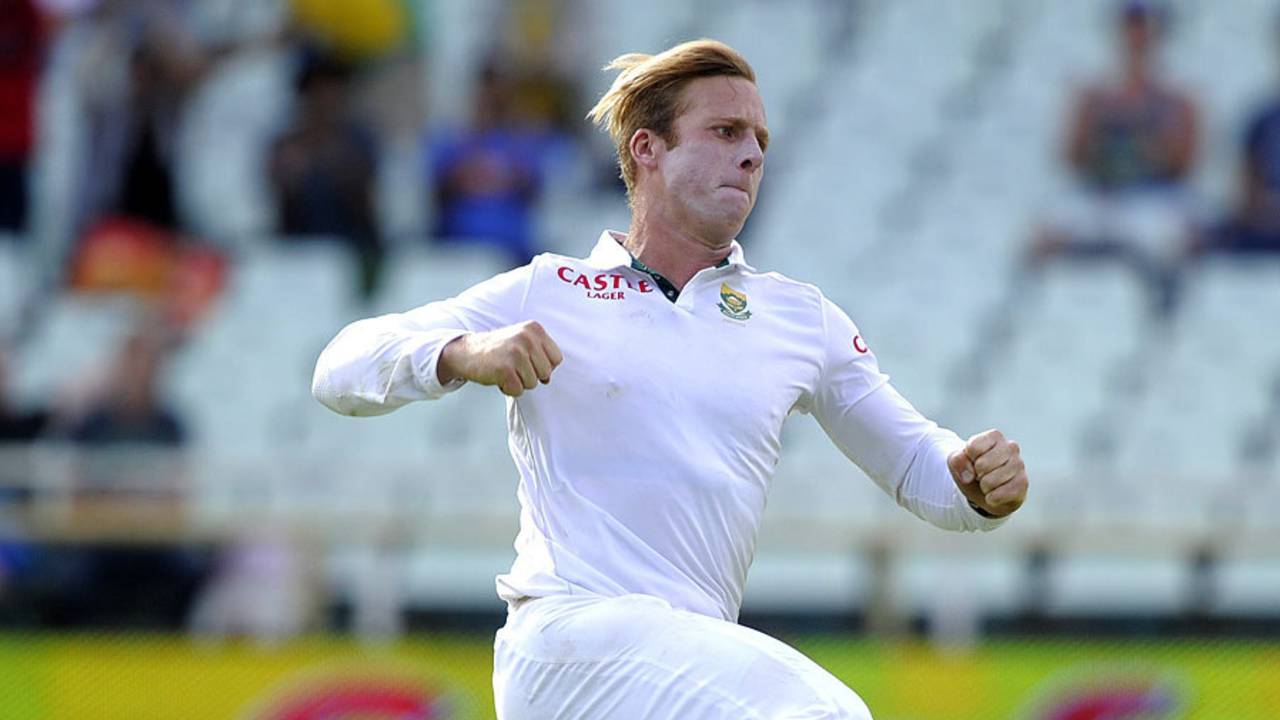 Simon Harmer sets off in celebration after removing Marlon Samuels, South Africa v West Indies, 3rd Test, Cape Town, 4th day, January 5, 2014