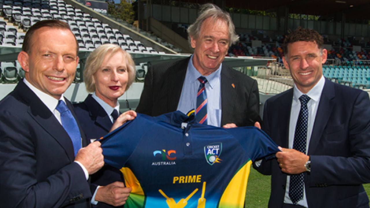Prime minister Tony Abbott, Cate McGregor, Tony Dell and Michael Hussey at the launch of the Prime Minister's XI match, Canberra, November 20, 2014