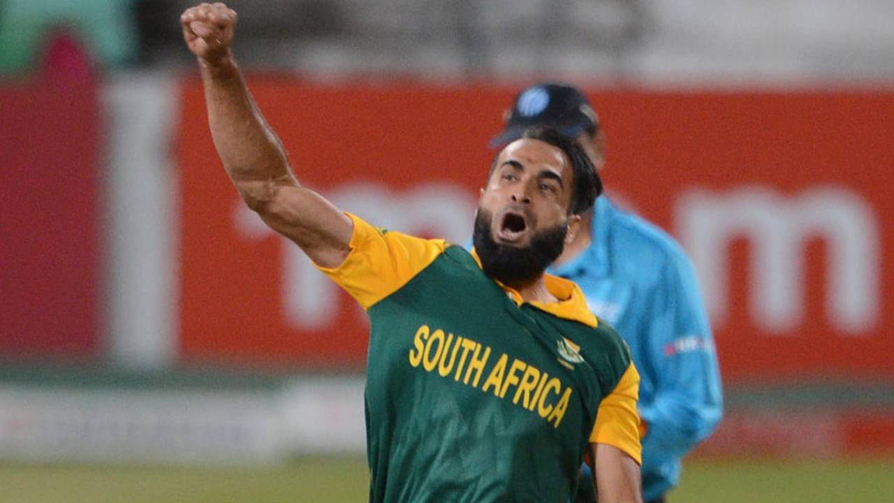 Imran Tahir celebrates one of his three wickets, South Africa v West Indies, 1st ODI, Durban, January 16, 2015