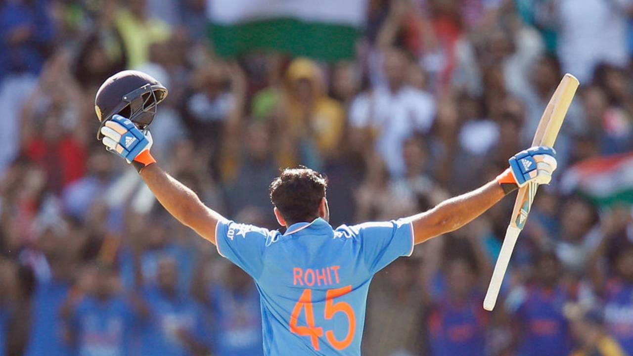 Rohit Sharma acknowledges the crowd after reaching his hundred, Australia v India, Carlton Mid Tri-series, Melbourne, January 18, 2015