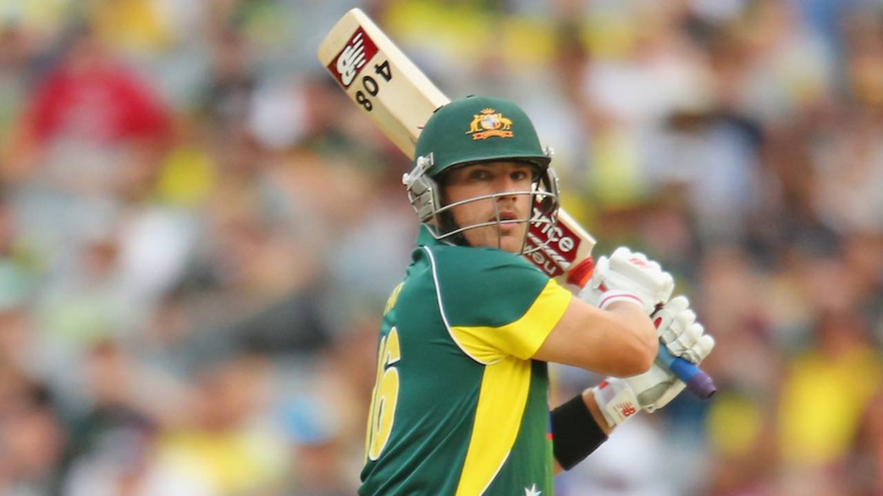 Aaron Finch flashes at one outside off, Australia v India, Carlton Mid Tri-series, Melbourne, January 18, 2015